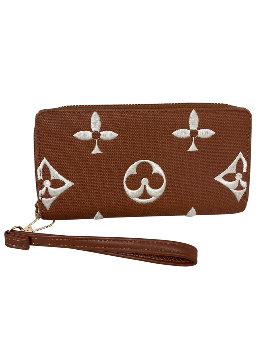 Designer Inspired Brown White Full Size Zip Around Wallet Wristlet